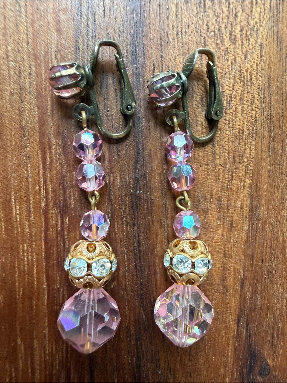 Vintage Pink Crystal and Gold-Tone Drop Earrings Rhinestone Glass